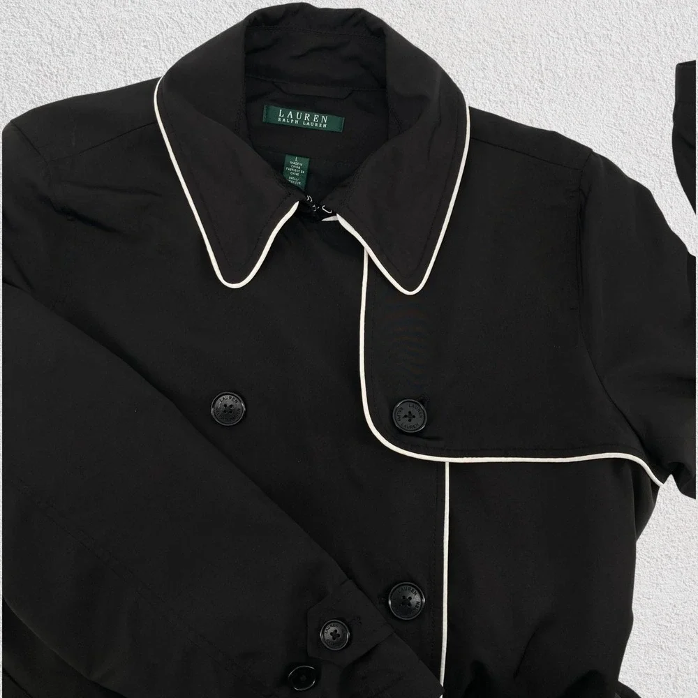 Lauren Ralph Lauren Black Trench Coat White Piping Belted Women L‎ Classic Paris